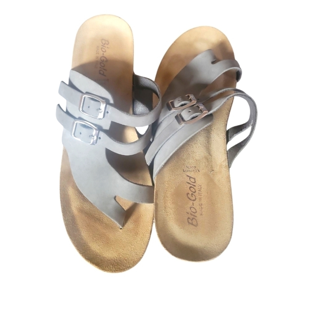 Bio-Gold Women's Gray Leather Cork Wedge Made In Italy Sandals SZ 9 - Picture 8 of 9